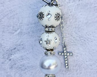 Pokey Tool-Specialty White Indonesian Beads w/Silver Rhinestone Cross Charm, Crafters Tool, Scrapbookers Tool, Plastic Wrap Removal Tool