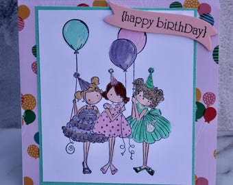 Birthday Card, Stamping Bella Tiny Townie Birthday Party Card,   Young Girl Birthday Card, Copic Colored Birthday Card