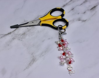 Scissor Keychain, Crafting Scissors Keychain, Scissor Keychain with Silver Rhinestone Cat Charm, Beaded and Charmed Scissor Keychain