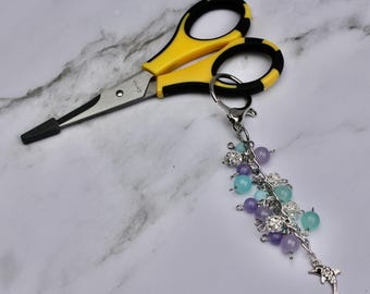 Scissor Keychain, Crafting Scissors Keychain, Scissor Keychain with Silver Dolphin Charm, Beaded and Charmed Scissor Keychain