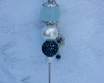 Pokey Tool- Blue and White Beads w/Silver Mosaic Floral Charm, Crafters Tool, Scrapbookers Tool, Cookie Scribe, Die Cut Tool