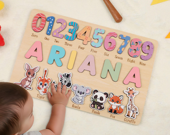 名前入りビジーボードパズルおもちゃ、数字パズル、木製モンテッソーリおもちゃ、幼児向けカスタム新生児ギフト、クリスマスギフト