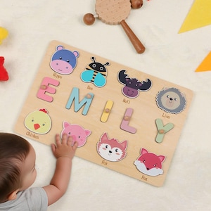 Personalized Animals Name Busy Board Puzzle Toy, Wooden Montessori Toys, Custom New Baby Gift for Toddler, Nursery Decor, Christmas Gifts