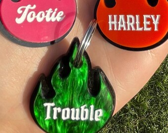 Flame Acrylic Pet ID Tag: Custom Metallic Marble Dog Tag