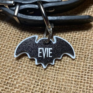 May include: A black and white bat-shaped pet tag with the name "EVIE" in white lettering. The tag is attached to a black leather dog collar with a silver metal ring.