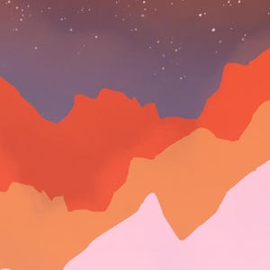 Può includere: Dipinto di paesaggio astratto con forme di montagne a strati nei toni del rosso, dell'arancione e del rosa. Il cielo passa dal viola a una notte stellata, creando una scena serena e colorata.