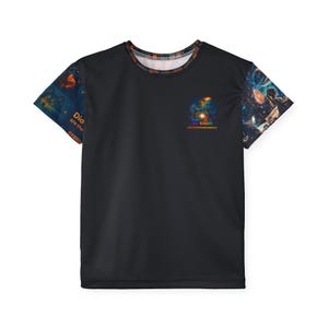 May include: Black short-sleeved t-shirt with a colorful galaxy print on the sleeves and a small graphic on the front that says "KIDS DO YOU KNOW" with a colorful galaxy design. The text on the left sleeve says "Diamonds are the", and the text on the right sleeve says "universe's greatest secret".