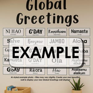 May include: A wall decal with the words "Global Greetings" in black lettering. The decal features a grid of squares with greetings from different countries and languages, including "Ni Hao", "G'Day", "Konnichiawa", "Namaste", "Salve", "Bonjour", "JAMBO", "Aloha", "Guten Tag", "Kamusta", "G'Day", "Ola", "Asalaamu alaikum", "G'Day", "Kaora", "Hai", "Asalaamu alaikum".