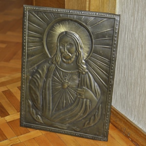 Gran icono vintage Jesucristo Salvador Cuadro ortodoxo Cobre