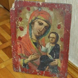 Antike Ukraine 19.Jh Handbemalte Holz Ikone der Mütter Gottes