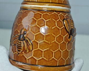 Vintage Keramik Honigglas Porzellanfigur, Hahn Majolica Bienen