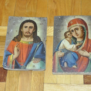 Hölzerne Zwei Ikonen Mutter Gottes und Jesus Christ gebaute Antiq Russisch-Orthodox