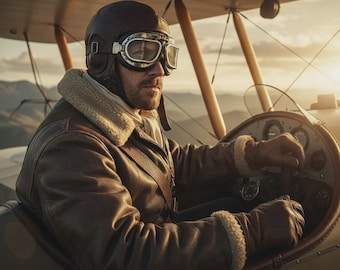Puede incluir: Un hombre con una chaqueta de aviador de cuero vintage, casco y gafas, pilotando un biplano. La chaqueta de cuero marrón tiene cuello y puños de borrego. Las gafas tienen montura plateada. El fondo muestra una puesta de sol sobre montañas.
