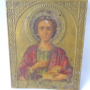 Icono ortodoxo ruso antiguo de San Pantaleón / Oklad de metal pintado a mano