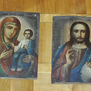 Dos iconos Madre de Dios Jesucristo pintura de letras del siglo XIX