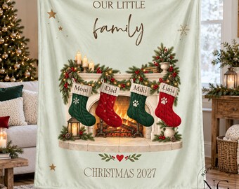 Cozy Custom Family Names Flannel Blanket, Our Little Family Christmas Fireplace and Stockings Print, Personalized Year Holiday Keepsake Gift