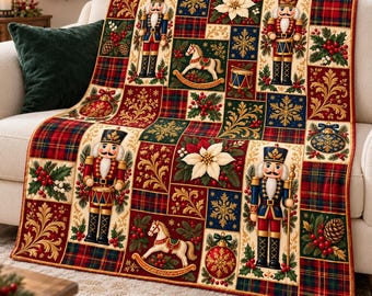 Nutcracker Christmas Flannel Blanket, Red Green Plaid Patchwork Print with Rocking Horses and Snowflakes, Holiday Sofa Throw, Christmas Gift
