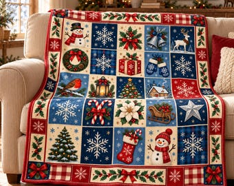 May include: A Christmas-themed patchwork throw blanket featuring a grid of squares with illustrations of snowmen, snowflakes, reindeer, bells, presents, a robin, a lantern, a Christmas tree, candy canes, a poinsettia, a sleigh, and a stocking.