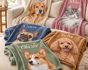 Personalized Pet Portrait Flannel Blanket, Dog or Cat Picture with Custom Name & Solid Color, Custom Name Couch Throw, Personalized Pet Gift