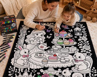 Könnte beinhalten: Eine schwarz-weiße Stoffdecke zum Ausmalen mit einer Teeparty-Szene, die eine Prinzessin, einen Hasen, eine Katze und ein Eichhörnchen zeigt. Das Design umfasst eine Etagere, eine Teekanne und florale Ränder. Ein Set Textilmarker liegt daneben.