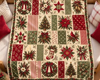 Christmas Patchwork Flannel Blanket, Red Green Floral Print with Cardinals, Wreaths and Poinsettias, Farmhouse Holiday Throw, Gift for Women