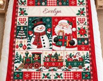 Cozy Custom Name Santa Christmas Flannel Blanket, Snowman, Teddy Bear & Holiday Train Design, Red Gingham Throw, Personalized Christmas Gift