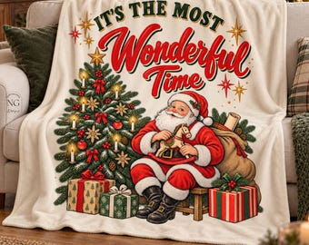 Santa Christmas Flannel Blanket, Most Wonderful Time Quote with Christmas Tree and Gift Print, Holiday Home Decor, Gift for Christmas Lovers