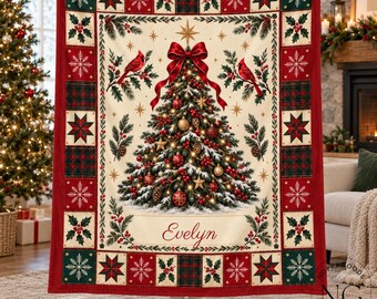 Personalized Christmas Tree Flannel Blanket, Custom Name featuring Cardinals, Holly and Star Patchwork Design, Red Green Holiday Couch Throw