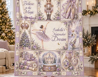 Personalized Lavender Nutcracker Flannel Blanket, Custom Name, Ballerina & Swan Patchwork Print, Holiday Couch Throw, Gift for Ballet Lovers