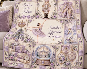 Personalized Lavender Nutcracker Flannel Blanket, Custom Name, Ballerina & Swan Patchwork Print, Holiday Couch Throw, Gift for Ballet Lovers