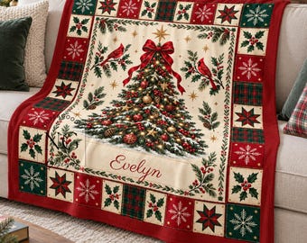Personalized Christmas Tree Flannel Blanket, Custom Name featuring Cardinals, Holly and Star Patchwork Design, Red Green Holiday Couch Throw