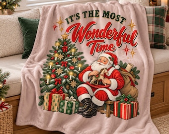 Santa Christmas Flannel Blanket, Most Wonderful Time Quote with Christmas Tree and Gift Print, Holiday Home Decor, Gift for Christmas Lovers