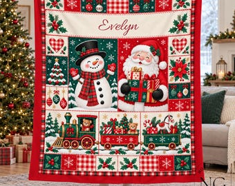 Cozy Custom Name Santa Christmas Flannel Blanket, Snowman, Teddy Bear & Holiday Train Design, Red Gingham Throw, Personalized Christmas Gift