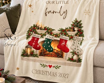 Cozy Custom Family Names Flannel Blanket, Our Little Family Christmas Fireplace and Stockings Print, Personalized Year Holiday Keepsake Gift