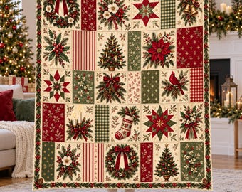 Christmas Patchwork Flannel Blanket, Red Green Floral Print with Cardinals, Wreaths and Poinsettias, Farmhouse Holiday Throw, Gift for Women