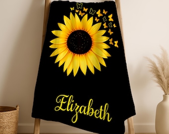 Custom Sunflower Blanket with Name,Personalized Flower Flannel Blanket,Valentine's Day Gifts,House Warming Throw,Birthday Gift for Kids