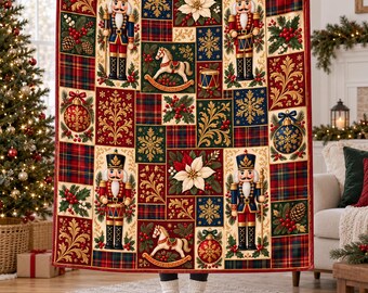 Nutcracker Christmas Flannel Blanket, Red Green Plaid Patchwork Print with Rocking Horses and Snowflakes, Holiday Sofa Throw, Christmas Gift
