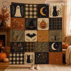 May include: A rectangular throw blanket featuring a grid of sixteen squares with Halloween-themed illustrations including a ghost, black cat, witch hat, jack-o'-lantern, bat, broom, crescent moon, stars, and plaid patterns in orange, black, and cream.