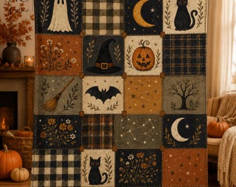 May include: A rectangular throw blanket featuring a grid of sixteen squares with Halloween-themed illustrations including a ghost, black cat, witch hat, jack-o'-lantern, bat, broom, crescent moon, stars, and plaid patterns in orange, black, and cream.