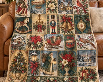 May include: A woven throw blanket featuring a grid of Christmas-themed illustrations including Santa Claus, a nutcracker, a rocking horse, a sleigh, a decorated tree, poinsettias, a cardinal, a pheasant, and a winter village scene.