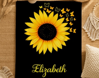 Custom Sunflower Blanket with Name,Personalized Flower Flannel Blanket,Valentine's Day Gifts,House Warming Throw,Birthday Gift for Kids