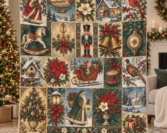 May include: A rectangular woven throw blanket featuring a collage of Christmas imagery including Santa Claus, a nutcracker, a rocking horse, a sleigh, poinsettias, a cardinal, a pheasant, a lantern, bells, and a decorated tree.