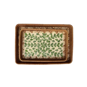 Handmade Rectangular Rattan Tray with Mother of Pearl Inlay Base – Boho Decorative Serving Tray for Coffee Table & Home Decor