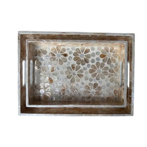 Mother of Pearl Rectangular Tray – Handmade Shell Inlay Serving Tray, Decorative Coffee Table Tray, Vanity Organizer, Housewarming Gift