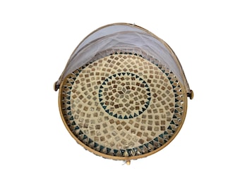 Handgefertigte Bambus-Lebensmittelabdeckung mit Mesh-Netzkuppel, rundes Perlmutt-Inlay-Serviertablett, große Küchen-Lebensmittelschutzabdeckung 45 cm