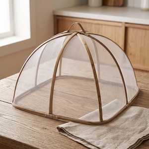 Square Bamboo Food Cover with Mesh Net, Handwoven Bamboo Dish Cover Set, Kitchen Food Protector for Meals & Fruit 12–16 Inch