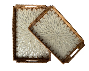 Rechthoekig rotan dienblad met handgrepen, parelmoer inlegwerk rieten dienblad voor salontafel, keukenopberger, boho woondecoratie cadeau