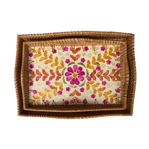 Scalloped Edge Rattan Rectangular Tray with Mother of Pearl Inlay – Handmade Decorative Serving Tray, Natural Woven Tray, Coffee Table Decor