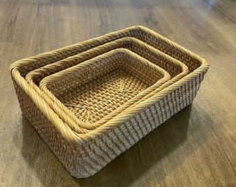 Handwoven Rattan Tray Set – Natural Wicker Basket Organizer | Rustic Decor for Kitchen & Home