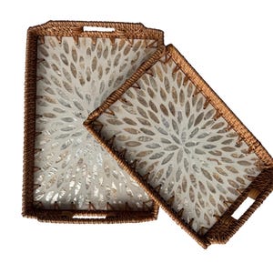 Rectangular Rattan Serving Tray with Handles, Mother of Pearl Inlay Wicker Tray for Coffee Table, Kitchen Organizer, Boho Home Decor Gift